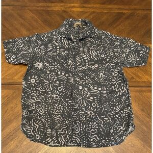 Axist Mens XL Wave Washed Linen Shirt Short Sleeve Tribal Abstract Print Gray